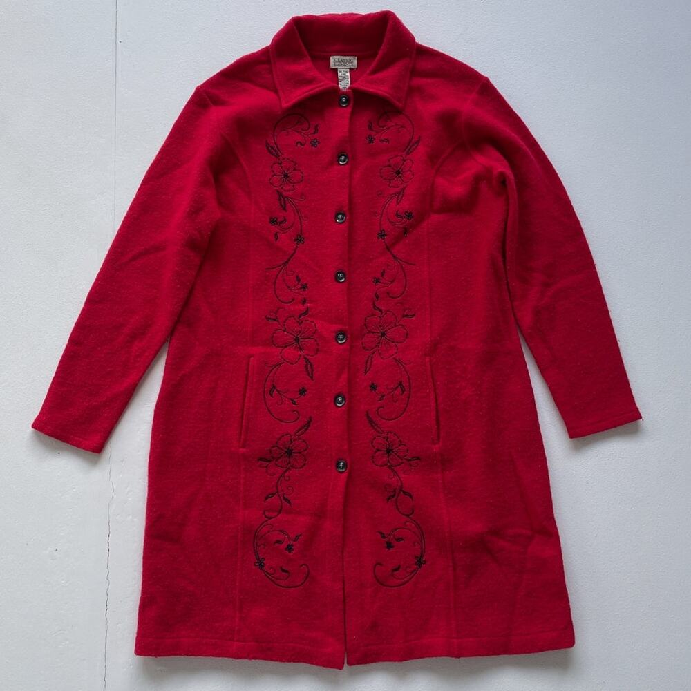 Y2K Red Wool Embroidered Knit Trench Coat  / Sz XL / Boho Long Sweater 2000s